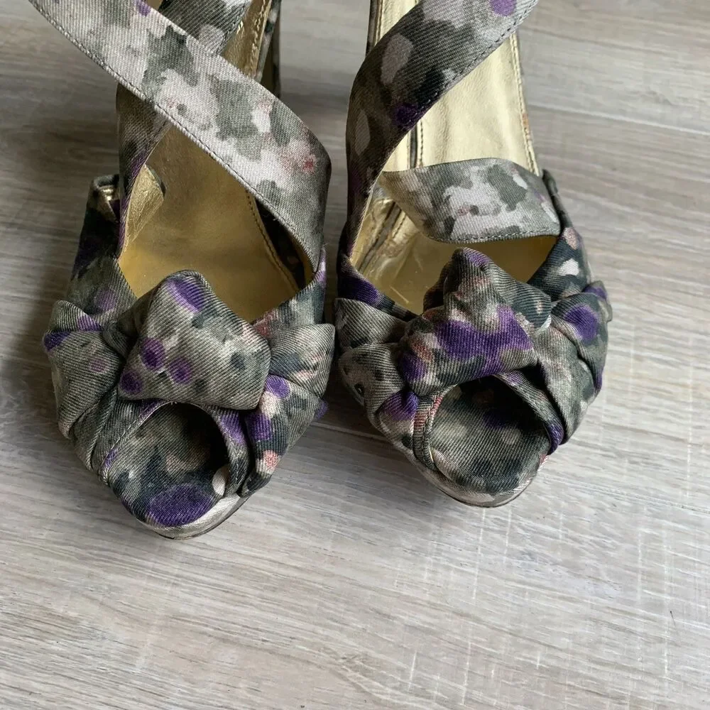 J. Crew Heels Floral Peep Toe Platform Green Purple Ankle Sandals 7.5 $295 Italy